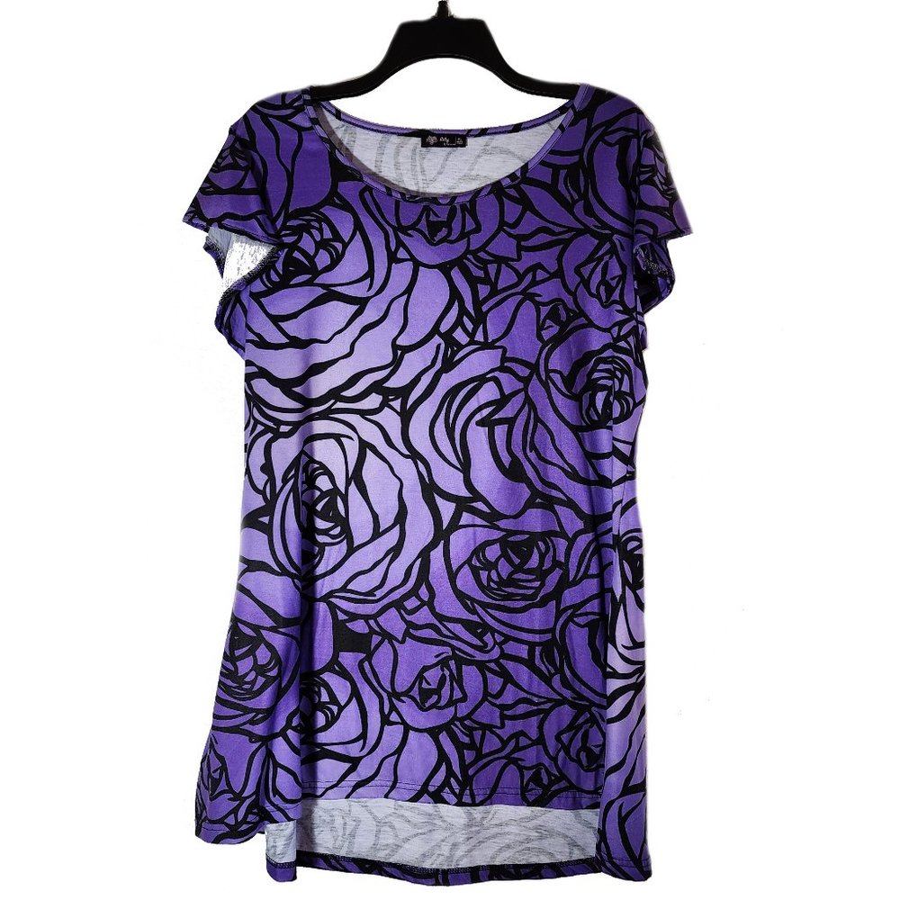 Lily by Firmiana Purple and Black Rose Print Flutter Sleeve Tunic